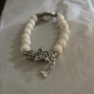 White Beaded Bracelet with Silver Dolphin Charm